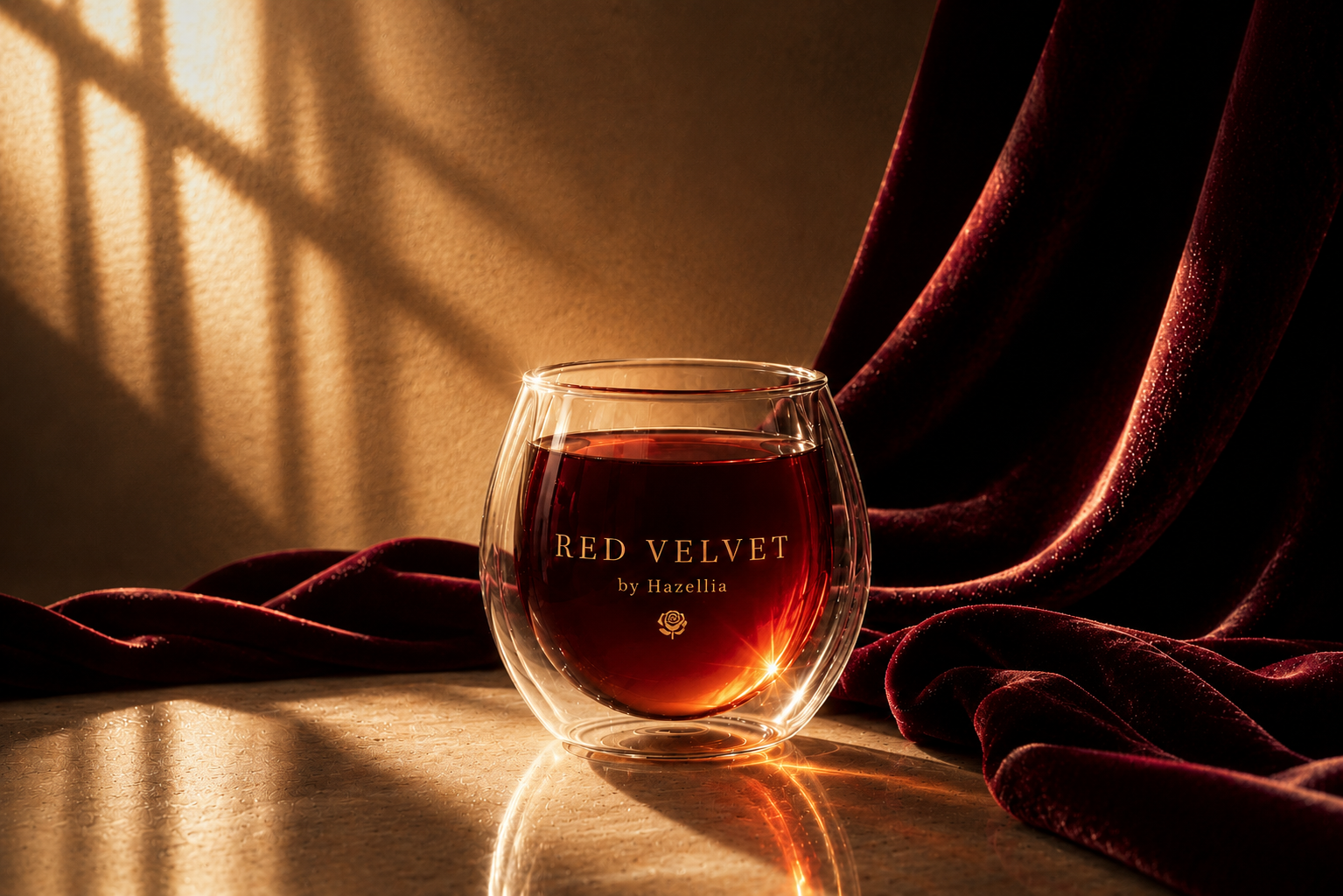 Rooibos Red Velvet Hazellia, infusion rouge cuivrée dans un verre double paroi premium avec décor velours bordeaux et ambiance luxe chaleureuse inspirée des maisons de parfum.