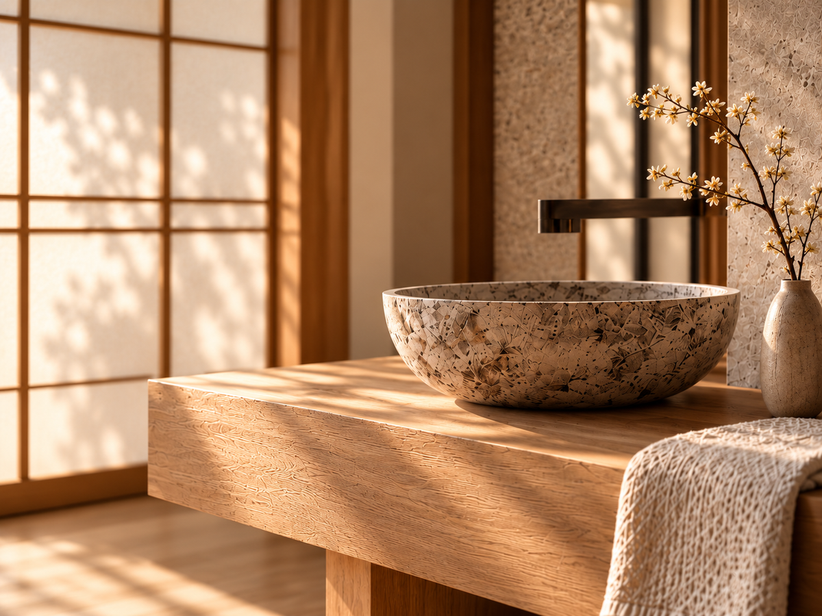 Rituel beauté japonais Hazellia dans un intérieur contemporain avec vasque en pierre, bois clair et panneaux shoji.

