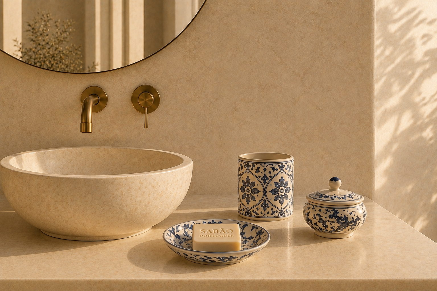 Salle de bain contemporaine inspirée de Lisbonne avec savon artisanal portugais, céramiques traditionnelles et ambiance spa haut de gamme Hazellia.

