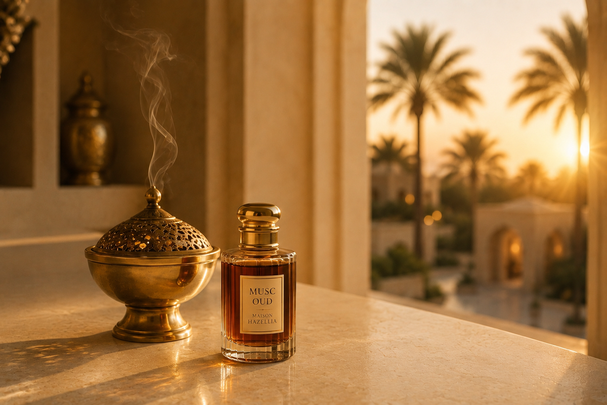 Rituel beauté oriental avec bakhoor doré et musc oud, dans un décor contemporain aux palmiers et à la lumière dorée – Hazellia

