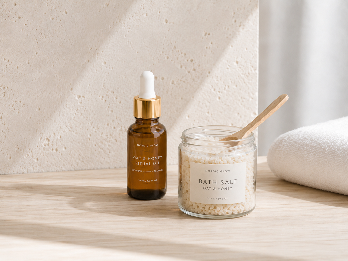 Rituel beauté scandinave avec sels de bain, huile de soin ambrée et serviette blanche sur bois clair – Hazellia

