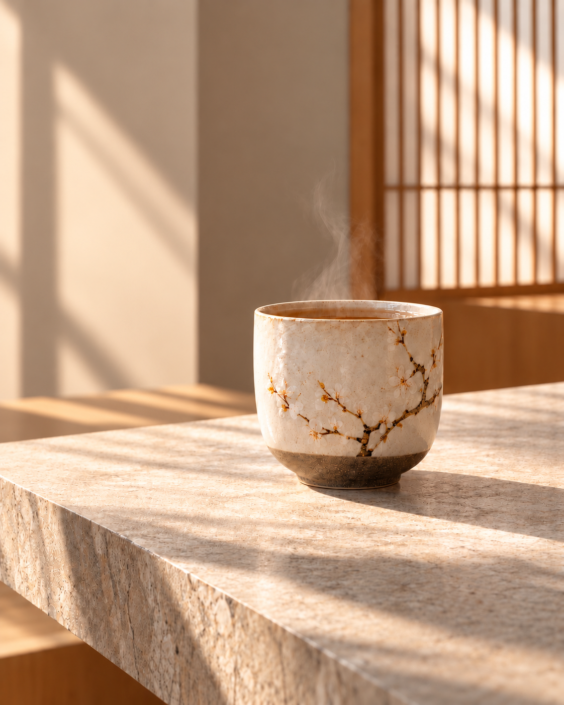 Rituel d’infusion japonais Hazellia, tasse en céramique ornée de fleurs de sakura, vapeur délicate et lumière naturelle dans un intérieur japonais épuré.

