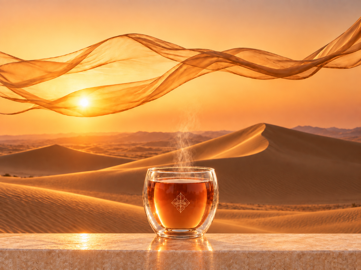 Infusion Hazellia dans son mug signature en verre, photographiée devant des dunes dorées et un voile fluide, dans un univers Orient Doré premium.


