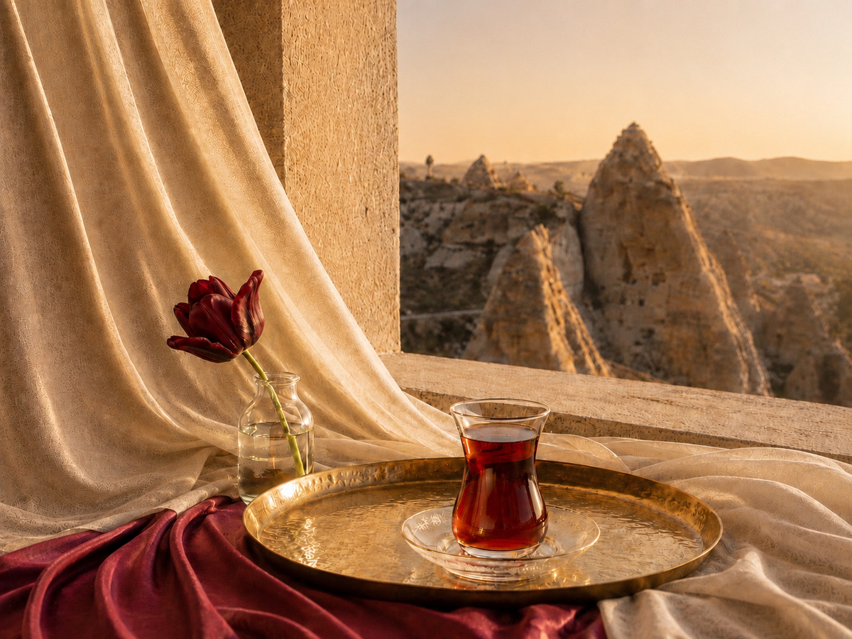 Rituel d’infusion turc Hazellia avec thé turc sur plateau doré, tulipe bordeaux, satin et paysage de Cappadoce

