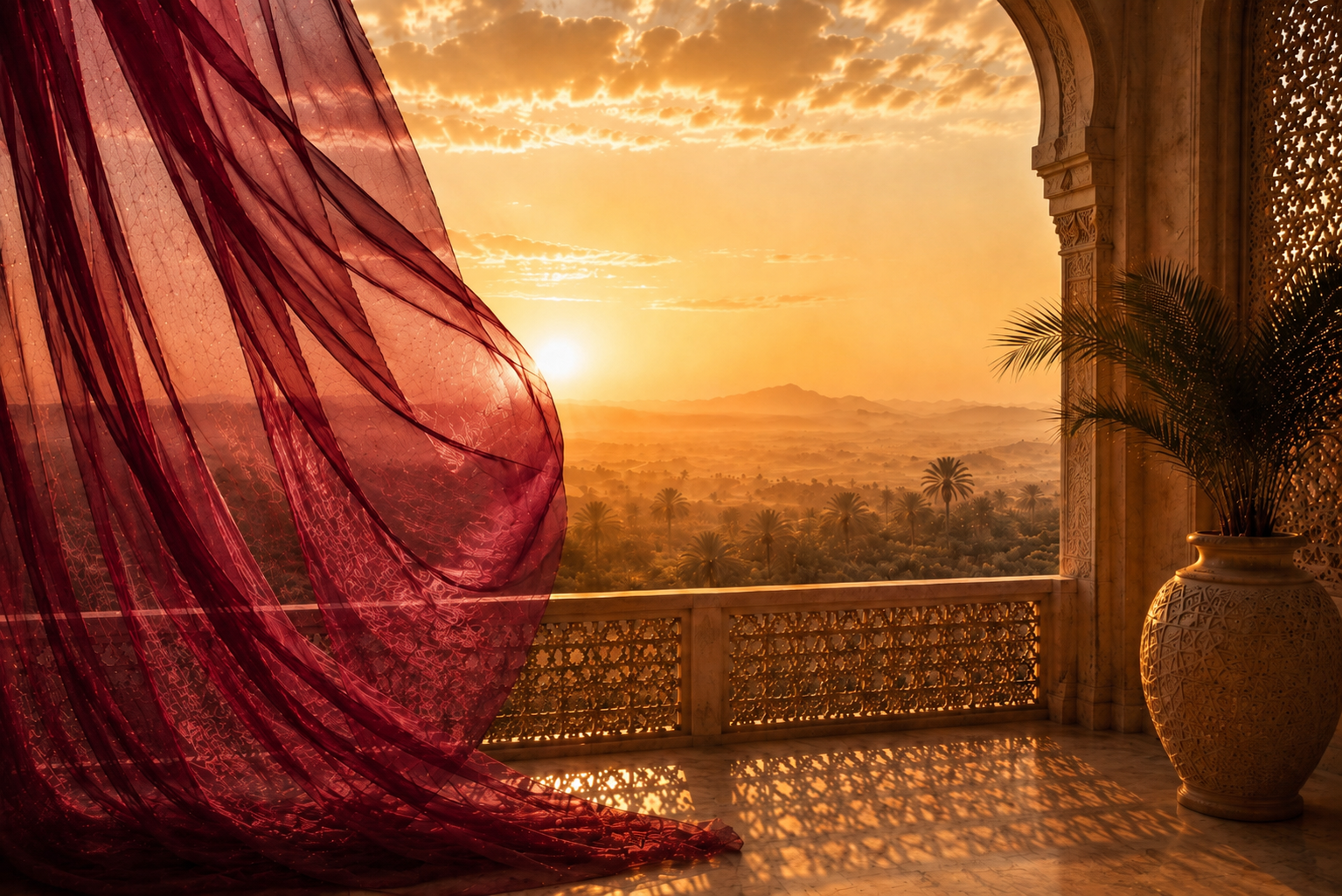 Terrasse orientale avec voile rouge rubis transparent surplombant le désert au coucher du soleil, univers Hazellia Voyage et infusion Rose Blood.

