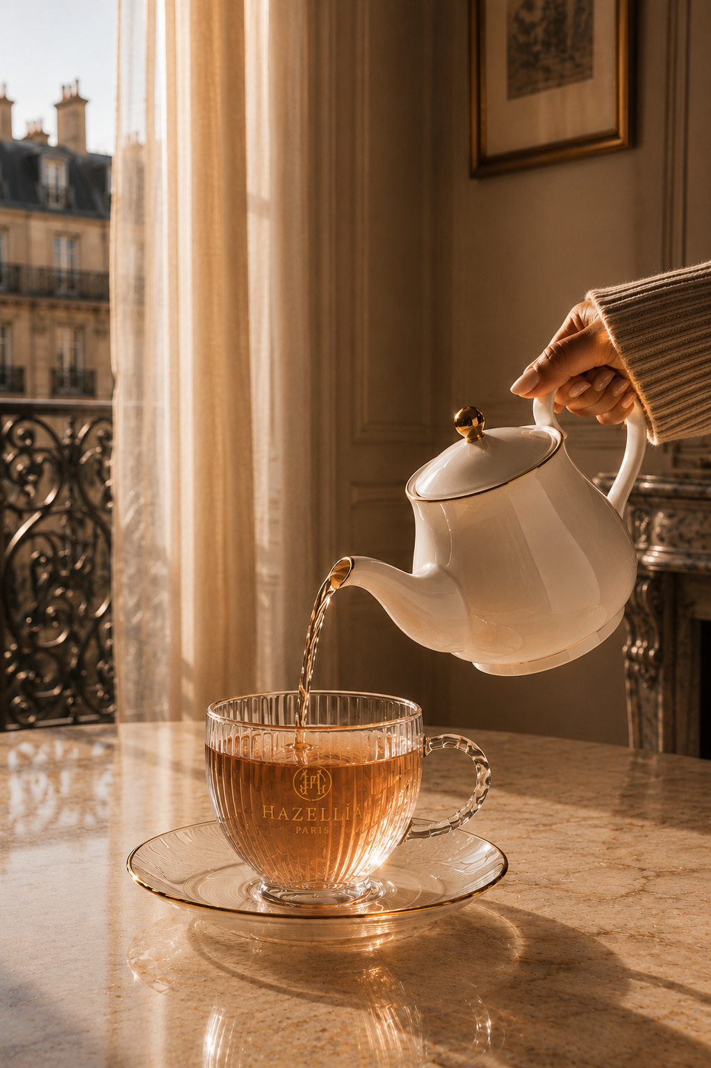 Préparation de Rose Velours, infusion Hazellia versée dans une tasse en verre dans un intérieur parisien élégant

