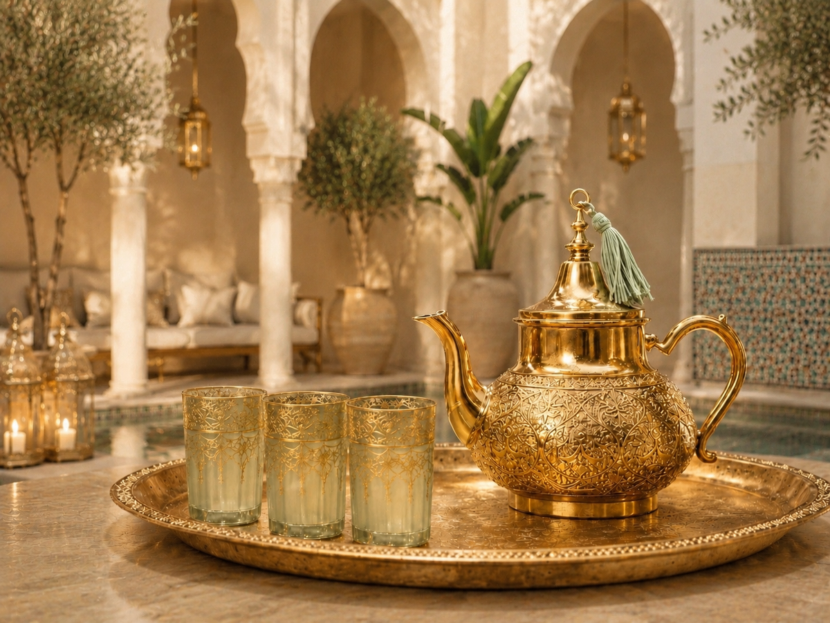Scène de thé marocain haut de gamme dans un patio de riad lumineux, avec théière dorée finement ciselée, verres vert sauge poudré et décor beige doré contemporain.

