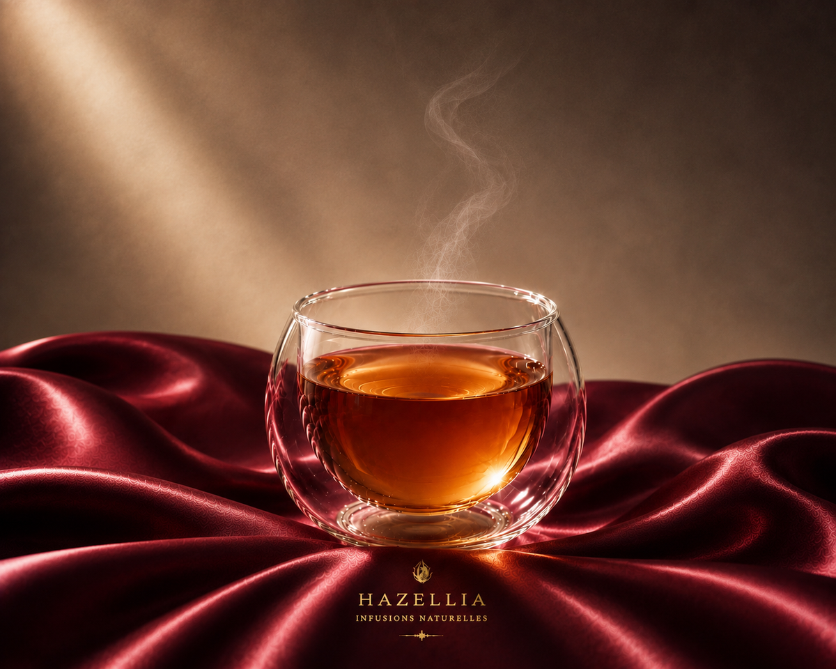 Infusion Velvet Songe Hazellia dans un mug en verre sur satin bordeaux profond