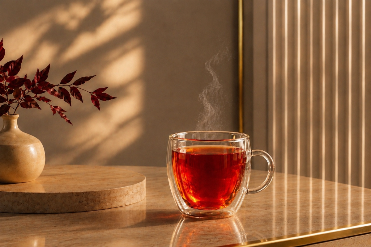Infusion rooibos Velvet Songe aux notes de fraise et framboise, servie chaude dans un mug en verre – Maison Hazellia

