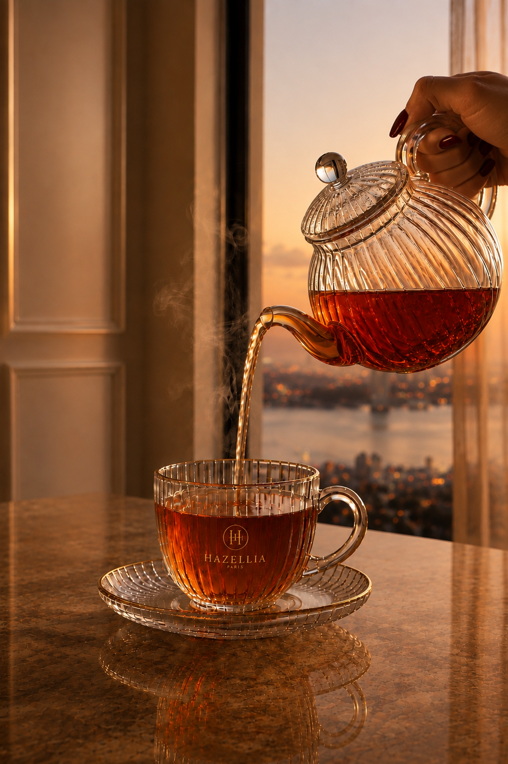 Infusion rooibos fraise framboise Velvet Songe versée dans une tasse en verre, rituel de dégustation Hazellia

