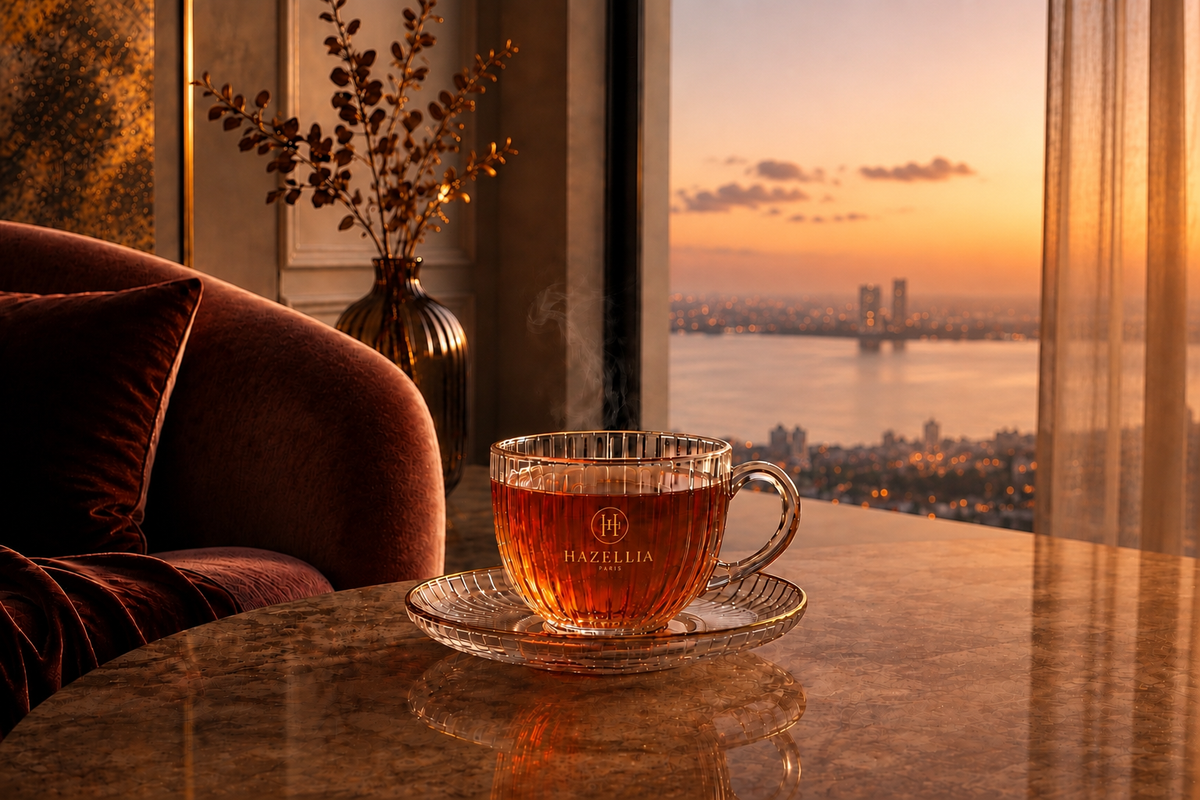 Infusion Velvet Songe fraise et framboise dans un mug en verre, ambiance velours contemporaine Hazellia en fin de journée.

