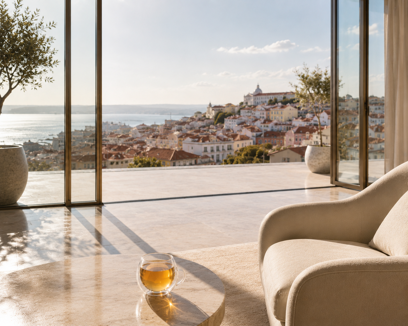Terrasse contemporaine ouverte sur Lisbonne baignée de lumière, mug d’infusion ambrée Hazellia dans un intérieur minimaliste et élégant inspiré de l’art de vivre portugais.

