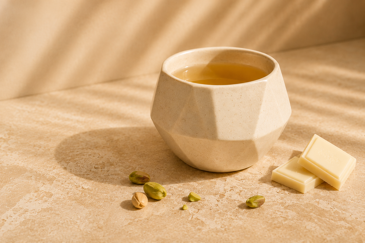 Infusion White Pistachia à la pistache et au chocolat blanc, servie dans un mug en céramique ivoire avec pistaches et carrés de chocolat blanc.
