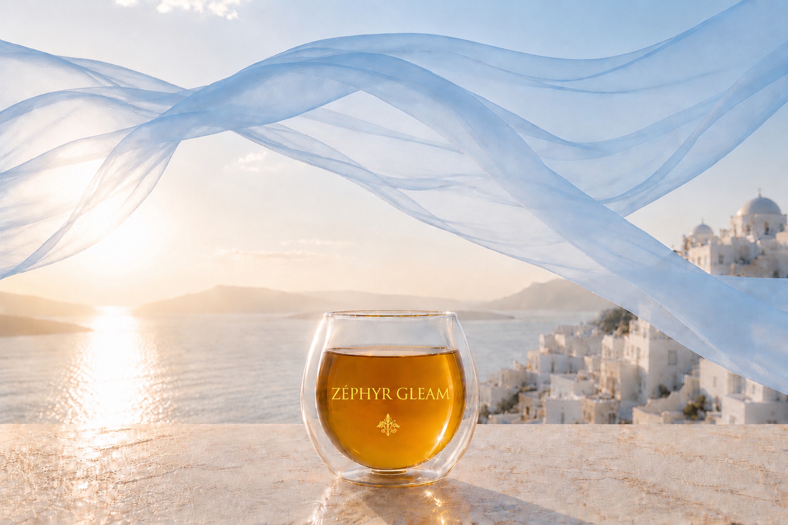 Zéphyr Gleam HazBloom par Hazellia, infusion bio premium dans un mug en verre double paroi avec voile bleu poudré aérien et lumière dorée face à Santorin, univers Grèce Éternelle et rituel de bien-être féminin.

